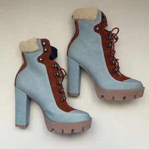 Wetkiss Platform Denim Chunky Lace Up High Heel Denim Boot
